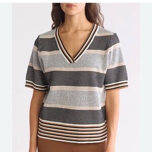 Adrianna Papell Striped V-Neck Knit Top in Black, Cream & Blush